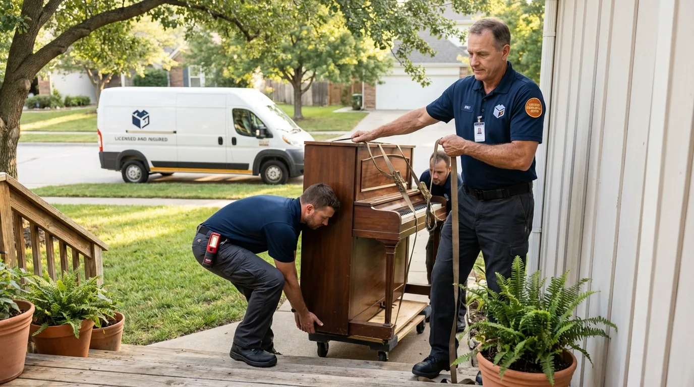 Licensed piano movers securing grand piano in Kenbridge, VA