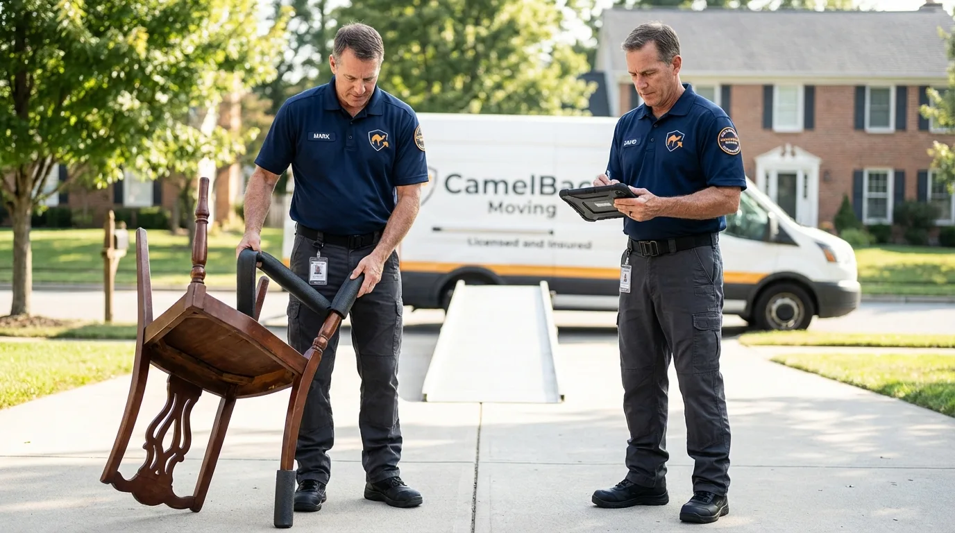 Movers inspecting furniture for damage prevention before loading in Kenbridge, VA