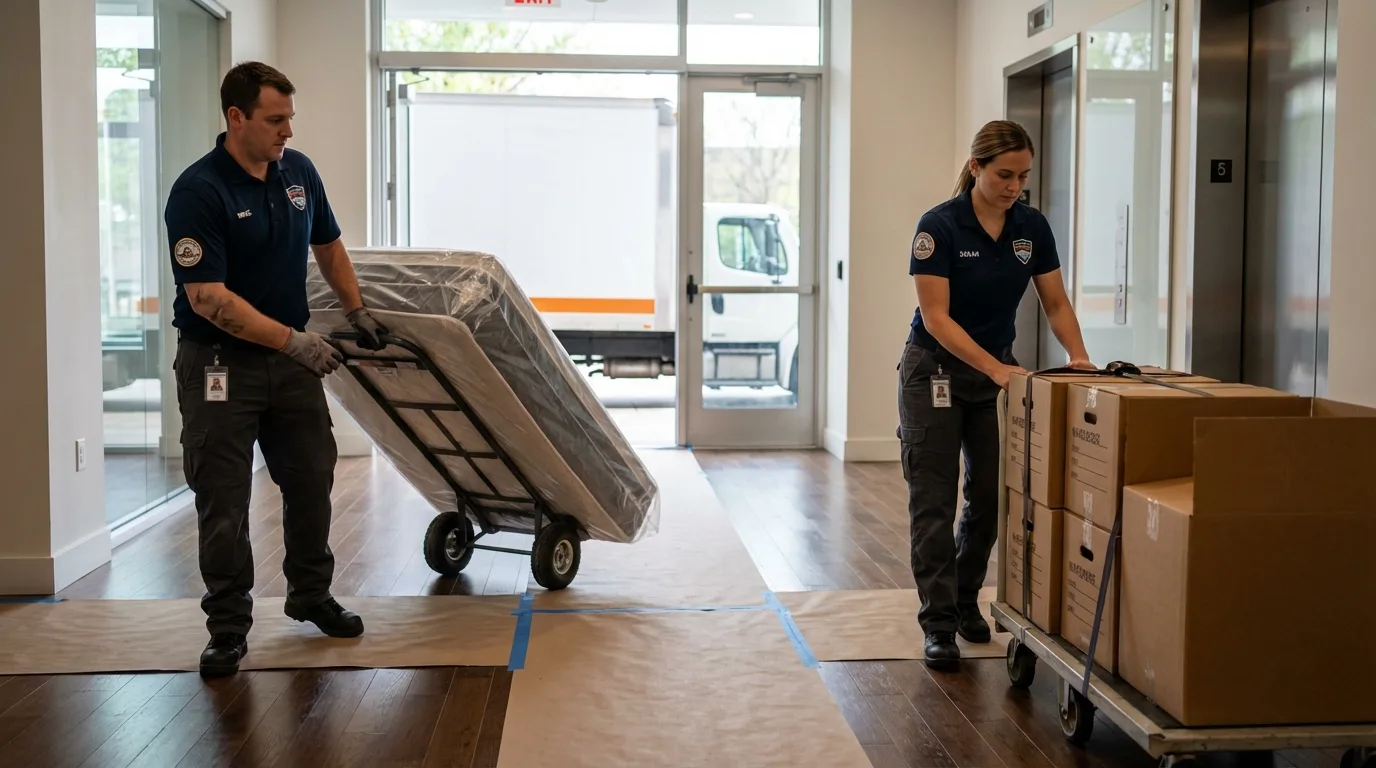 Professional apartment movers loading elevator in Kenbridge, VA
